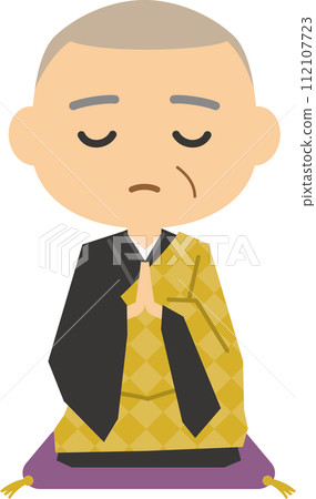 Image illustration of a monk who sits in a seiza position with his palms clasped together 112107723