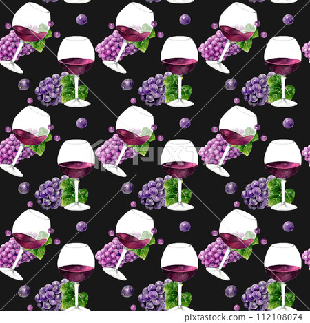Red wine and grapes seamless pattern hand-drawn watercolor illustration material 112108074