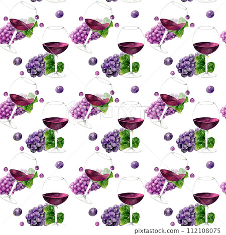 Red wine and grapes seamless pattern hand-drawn watercolor illustration material 112108075