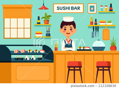 Sushi Bar Vector Illustration of Japan Asian Food or Restaurant of Sashimi and Rice for Eating with Soy Sauce and Wasabi in Flat Cartoon Background 112108630