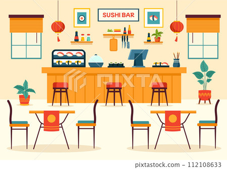 Sushi Bar Vector Illustration of Japan Asian Food or Restaurant of Sashimi and Rice for Eating with Soy Sauce and Wasabi in Flat Cartoon Background Sushi Bar Vector Illustration of Japan Asian Food or Restaurant of Sashimi and Rice for Eating with Soy Sauce and Wasabi in Flat Cartoon Background 112108633