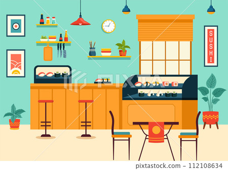 Sushi Bar Vector Illustration of Japan Asian Food or Restaurant of Sashimi and Rice for Eating with Soy Sauce and Wasabi in Flat Cartoon Background Sushi Bar Vector Illustration of Japan Asian Food or Restaurant of Sashimi and Rice for Eating with Soy Sauce and Wasabi in Flat Cartoon Background 112108634