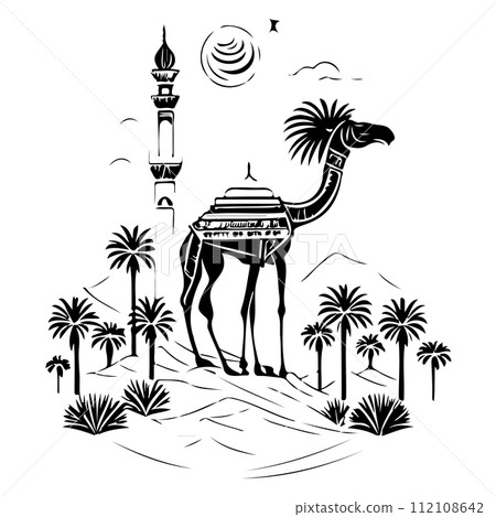 Desert Camel Mosque ramadan ornament palm tree illustration sketch hand draw  112108642