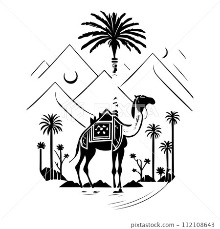 Desert Camel Mosque ramadan ornament palm tree illustration sketch hand draw  112108643