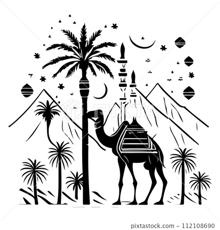 Desert Camel Mosque ramadan ornament palm tree illustration sketch hand draw Desert Camel Mosque ramadan ornament palm tree illustration sketch hand draw 112108690