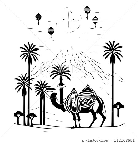 Desert Camel Mosque ramadan ornament palm tree illustration sketch hand draw Desert Camel Mosque ramadan ornament palm tree illustration sketch hand draw 112108691