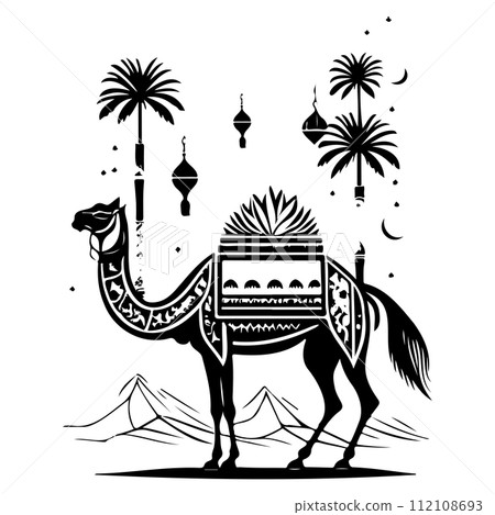 Desert Camel Mosque ramadan ornament palm tree illustration sketch hand draw  112108693