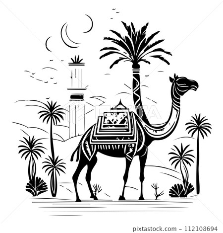 Desert Camel Mosque ramadan ornament palm tree illustration sketch hand draw Desert Camel Mosque ramadan ornament palm tree illustration sketch hand draw 112108694
