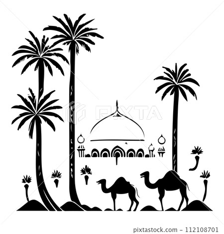 Desert Camel Mosque ramadan ornament palm tree illustration sketch hand draw  112108701