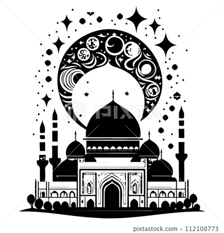 Ramadan kareem moon jerusalem Mosque illustration draw black 112108773