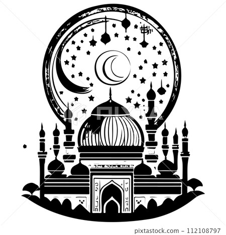 Ramadan kareem moon jerusalem Mosque illustration draw black 112108797