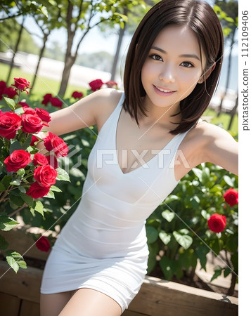 A woman in one piece stands among red roses, leans forward and smiles A woman in one piece stands among red roses, leans forward and smiles 112109406