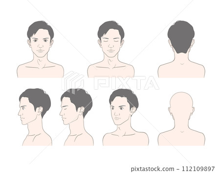 Illustration set of faces of young men in their 20s and 30s from various angles Illustration set of faces of young men in their 20s and 30s from various angles 112109897