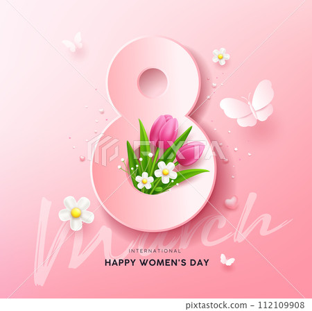 8 March, Happy women's day with tulip flowers and butterfly, poster design  112109908