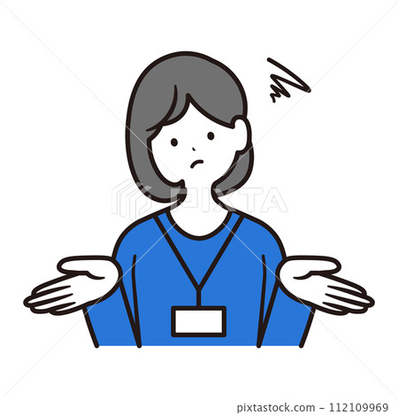 Illustration material of a Japanese female office worker who is in trouble and lowers her employee ID card 112109969