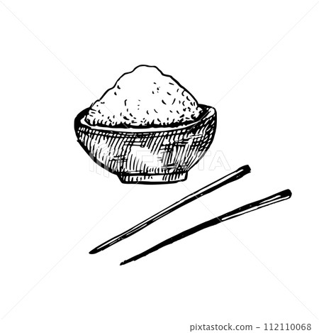 Cup of rice with chopsticks isolated on white background. Ink sketch drawing. Vector illustration. Cup of rice with chopsticks isolated on white background. Ink sketch drawing. Vector illustration. 112110068