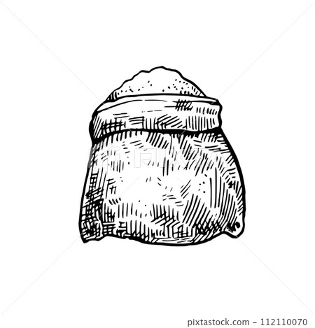 Sack with cereals isolated on white background. Hand-drawn sketch. Harvest of rice grain. Vector illustration. Sack with cereals isolated on white background. Hand-drawn sketch. Harvest of rice grain. Vector illustration. 112110070