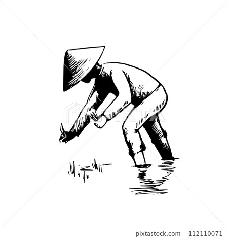 Asian farmer in rice field. Hand-drawn black and white sketch. Vector illustration. 112110071