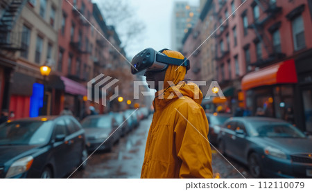 AI-generated content. A man in VR glasses on a city street. 112110079