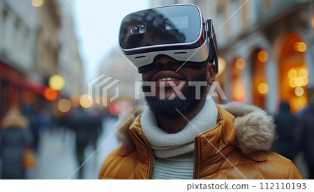 AI-generated content. A man in VR glasses on a city street. 112110193