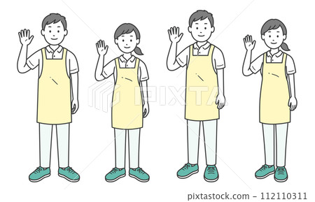 Caregivers male and female raising one hand 112110311