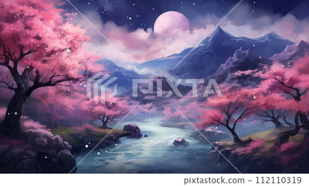 手绘卡通唯美的春天夜晚风景插画 112110319