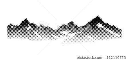 Black halftone mountain range. Grunge textured landscape terrain silhouette. Fading grainy hills chain wallpaper. Grungy dotted mountain peaks background. Vector snowy rock terrain illustration Black halftone mountain range. Grunge textured landscape terrain silhouette. Fading grainy hills chain wallpaper. Grungy dotted mountain peaks background. Vector snowy rock terrain illustration 112110753