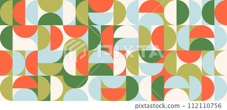 Bright semicircle seamless pattern. Abstract geometric half circle and square background. Colorful Swiss modernist or postmodern style wallpaper. Vector orange, blue, green modular repeating backdrop Bright semicircle seamless pattern. Abstract geometric half circle and square background. Colorful Swiss modernist or postmodern style wallpaper. Vector orange, blue, green modular repeating backdrop 112110756