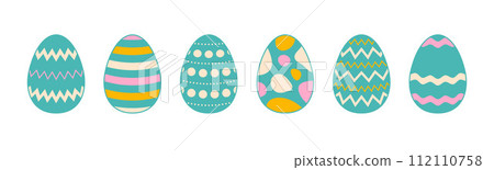 Colorful Easter eggs set. Blue, yellow, pink spring egg icon collection with different ornaments. Doodle style Easter illustration bundle for banner, poster, card, invitation, sticker. Vector pack Colorful Easter eggs set. Blue, yellow, pink spring egg icon collection with different ornaments. Doodle style Easter illustration bundle for banner, poster, card, invitation, sticker. Vector pack 112110758