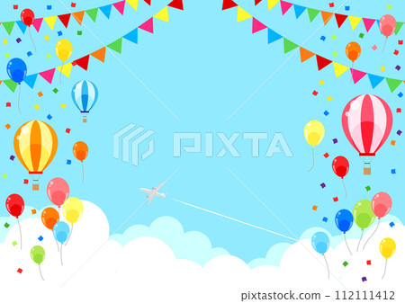 氣球,氣球,背景,插圖,可愛,水平,雲層之上,旗幟,花環 112111412