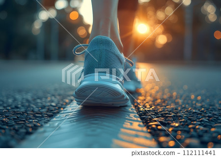 Close-up of a person's shoe while walking. Suitable for accompanying articles about the walking benefits, articles recommending places to walk for exercise, posting pictures with quotes about walking 112111441