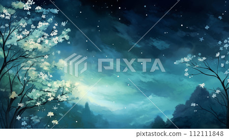 Hand drawn cartoon beautiful spring night landscape watercolor illustration 112111848