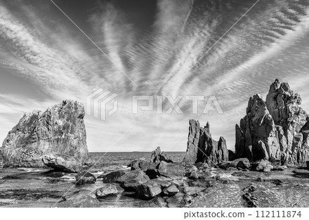 Hashigui Rocks amazing stone formations in Kushimoto Town in Kii Peninsula of Wakayama Prefecture in Japan 112111874