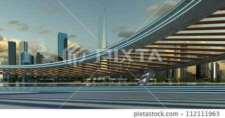 Perspective view of empty concrete floor with cement staircase and wood strip roof decoration 112111963