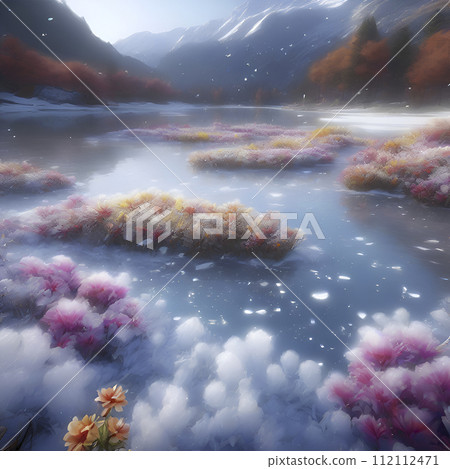Beautiful scenery of a frozen lake with colorful snow flowers. AI-Generated. 112112471
