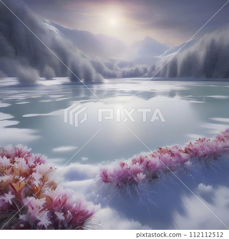 Beautiful scenery of a frozen lake with colorful snow flowers. AI-Generated. 112112512