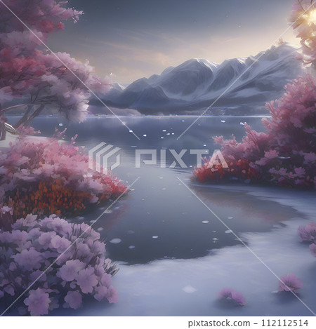 Beautiful scenery of a frozen lake with colorful snow flowers. AI-Generated. 112112514