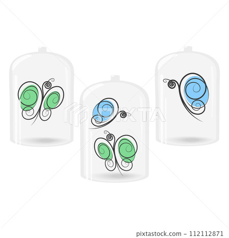 Stylized butterflies under glass lid with shadows and highlights. Set of 3 various design elements 112112871