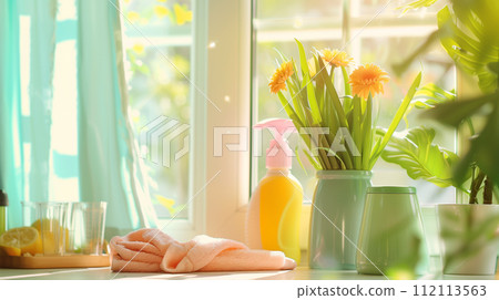 A cheerful kitchen window sill adorned with orange gerbera daisies in a vase, complemented by fresh cleaning supplies, inviting a sense of freshness and cleanliness into the home. 112113563