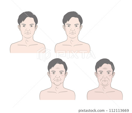 一組40多歲到60多歲中年男性臉部變化的衰老圖像插圖。 112113669
