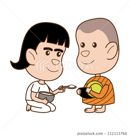 woman send food to monk in the morning with cartoon version 112113768