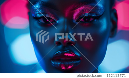 An intense close-up portrait of a woman with striking neon makeup, her features illuminated by dynamic blue and pink lights An intense close-up portrait of a woman with striking neon makeup, her features illuminated by dynamic blue and pink lights 112113771
