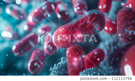 3D rendered depiction of capsules containing active pharmaceutical ingredients, showcasing the intricate world of drug delivery systems at a microscopic level. 112113798