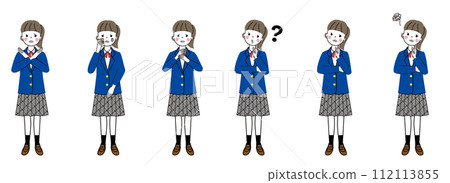 一組穿著制服、帶有負面形象表情的女學生的各種面部表情 112113855