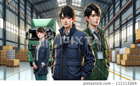 Male and female workers standing with a warehouse in the background 112113884