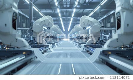 An advanced robotics assembly line, demonstrating precision and efficiency in modern manufacturing, indicative of the industrial evolution toward automation. 112114071