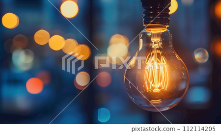 A glowing filament light bulb stands out against a backdrop of soft bokeh lights, symbolizing inspiration, innovation, and classic design. A glowing filament light bulb stands out against a backdrop of soft bokeh lights, symbolizing inspiration, innovation, and classic design. 112114205