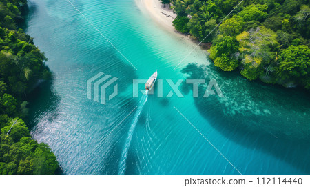 An aerial view of a lone boat sailing the tranquil turquoise waters near a lush green tropical island, embodying peaceful seclusion and natural beauty. 112114440