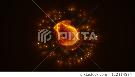 Energy yellow glowing cosmic magic sphere, futuristic round high-tech ball bright atom made of electricity, background 112114584