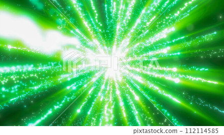 Green festive bright energy magical fireworks salute explosion with light rays lines and energy particles. Abstract background Green festive bright energy magical fireworks salute explosion with light rays lines and energy particles. Abstract background 112114585